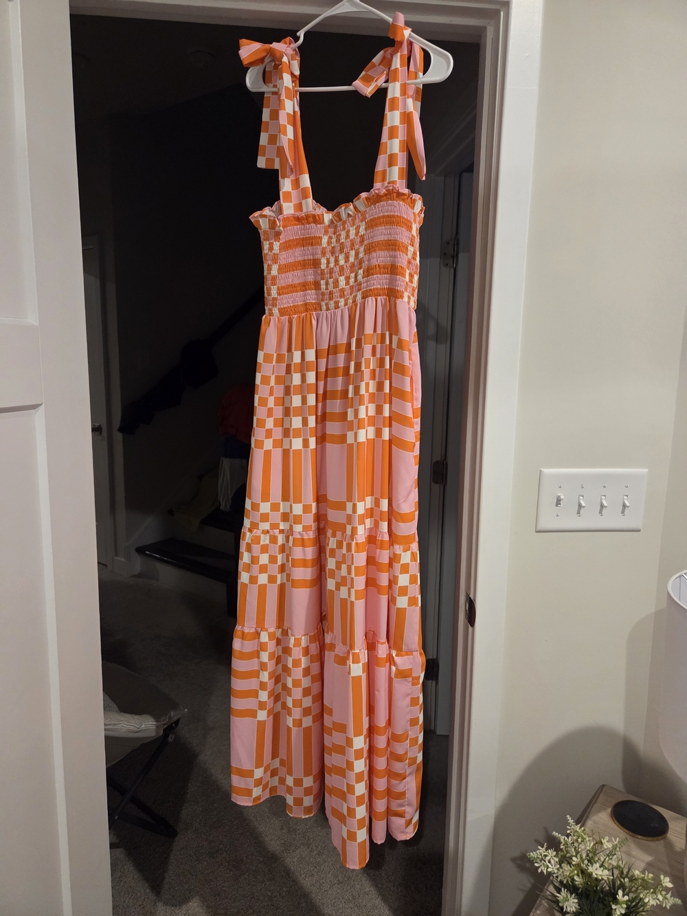 Pink Lily Checkerboard Tie-Shoulder Maxi Dress in Pink and Orange